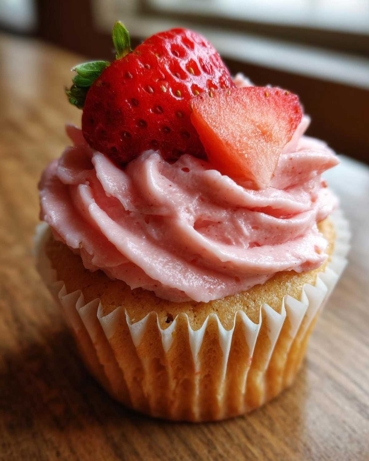 A single, beautifully frosted strawberry cupcake topped with a whole strawberry and a slice of fresh strawberry.