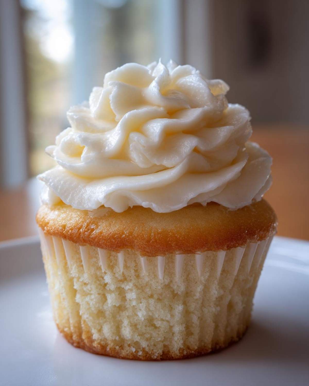 A single, moist vanilla cupcake topped with a generous swirl of white vanilla buttercream frosting.