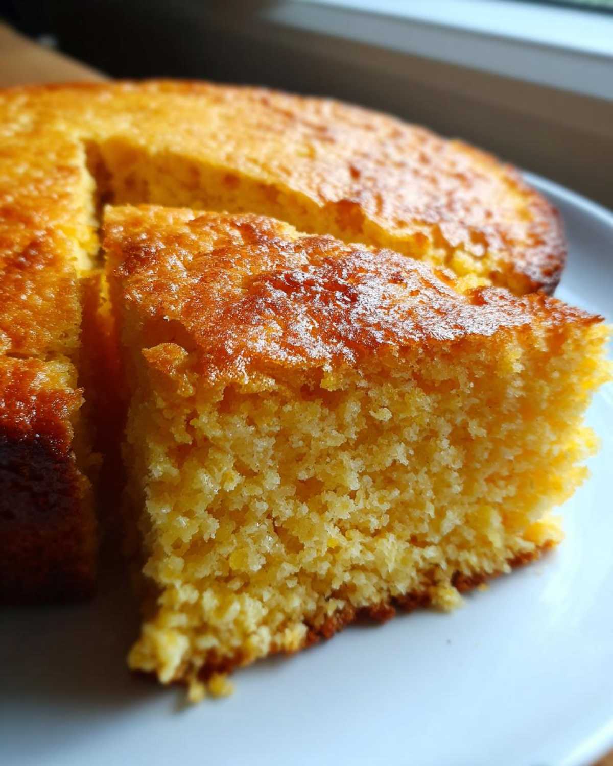 A close-up shot highlighting the crumb texture of a slice of golden skillet cornbread.