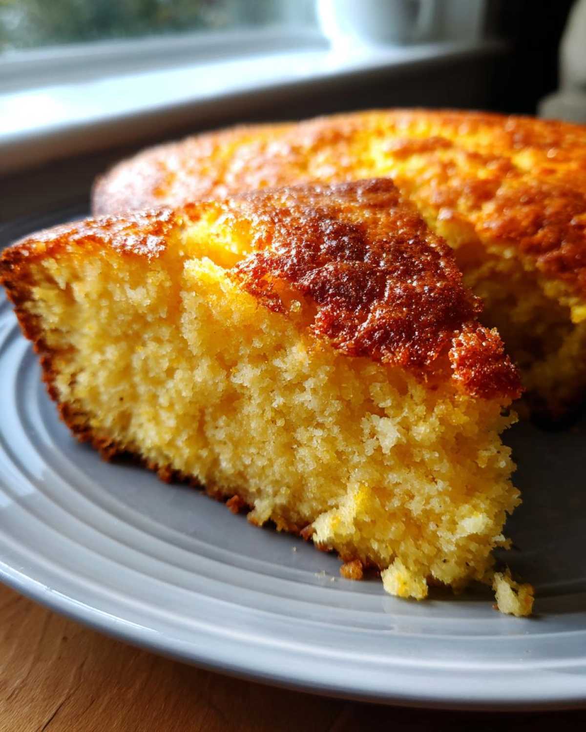 A close-up of a moist, golden slice of skillet cornbread resting on a grey plate.