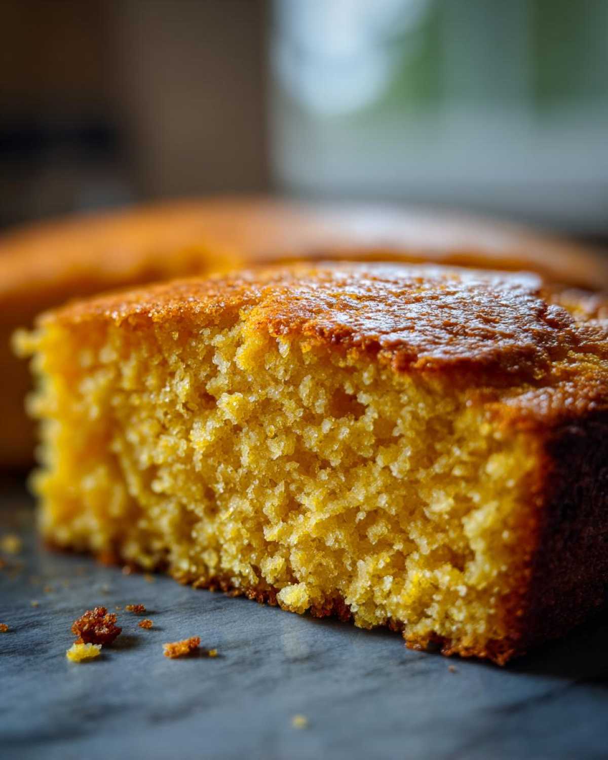 Extreme close-up of a moist, golden slice of skillet cornbread showing its crumb texture.