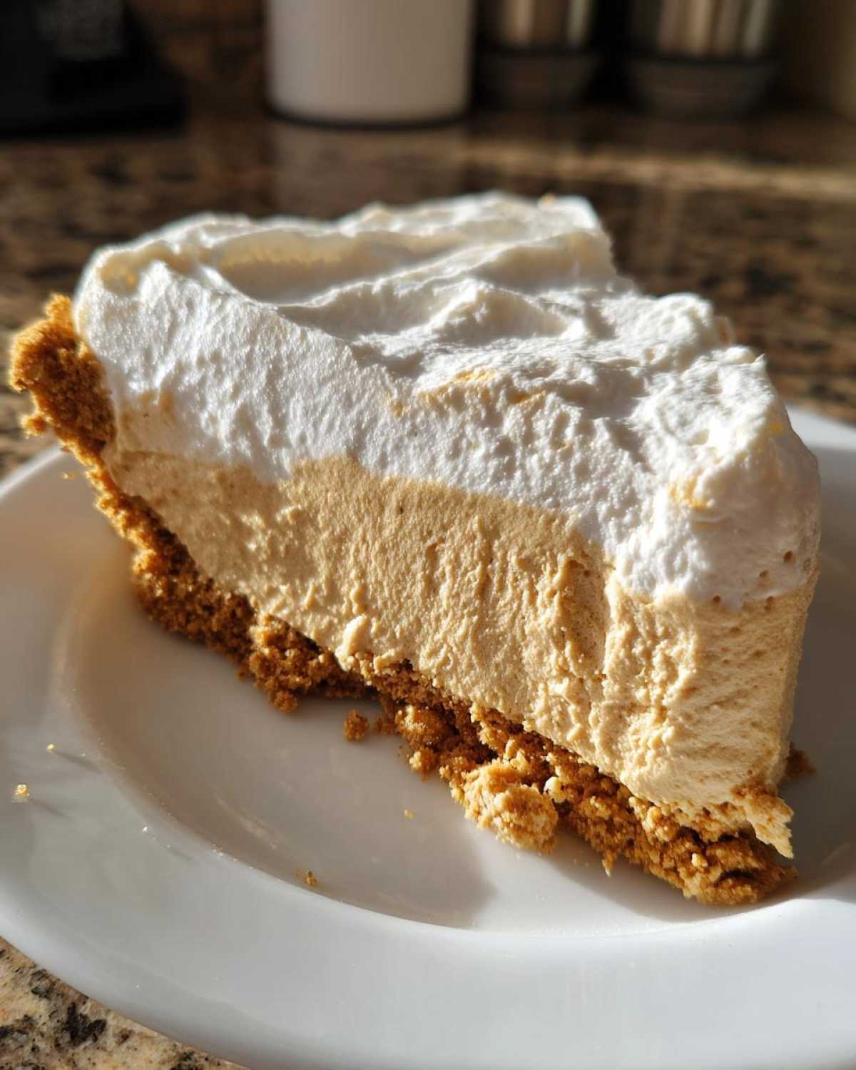 A close-up slice of no-bake peanut butter pie with a graham cracker crust and whipped topping.