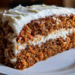 Close-up of a thick slice of moist carrot cake recipe layered with cream cheese frosting and nuts.