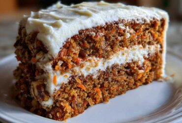 Close-up of a thick slice of moist carrot cake recipe layered with cream cheese frosting and nuts.