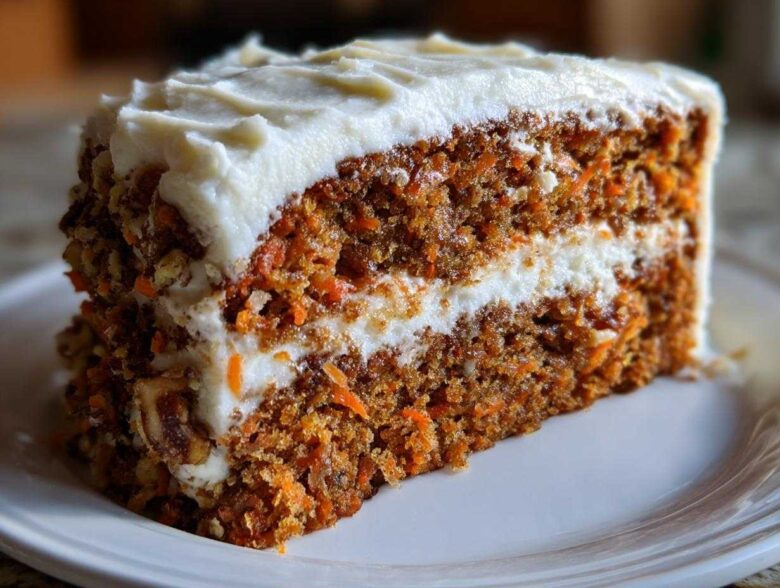 Close-up of a thick slice of moist carrot cake recipe layered with cream cheese frosting and nuts.