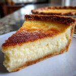 A close-up slice of creamy buttermilk pie showing a rich, golden-brown caramelized top and flaky crust.