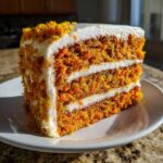 A tall, three-layer slice of moist carrot cake recipe covered in white cream cheese frosting and topped with shredded carrots.
