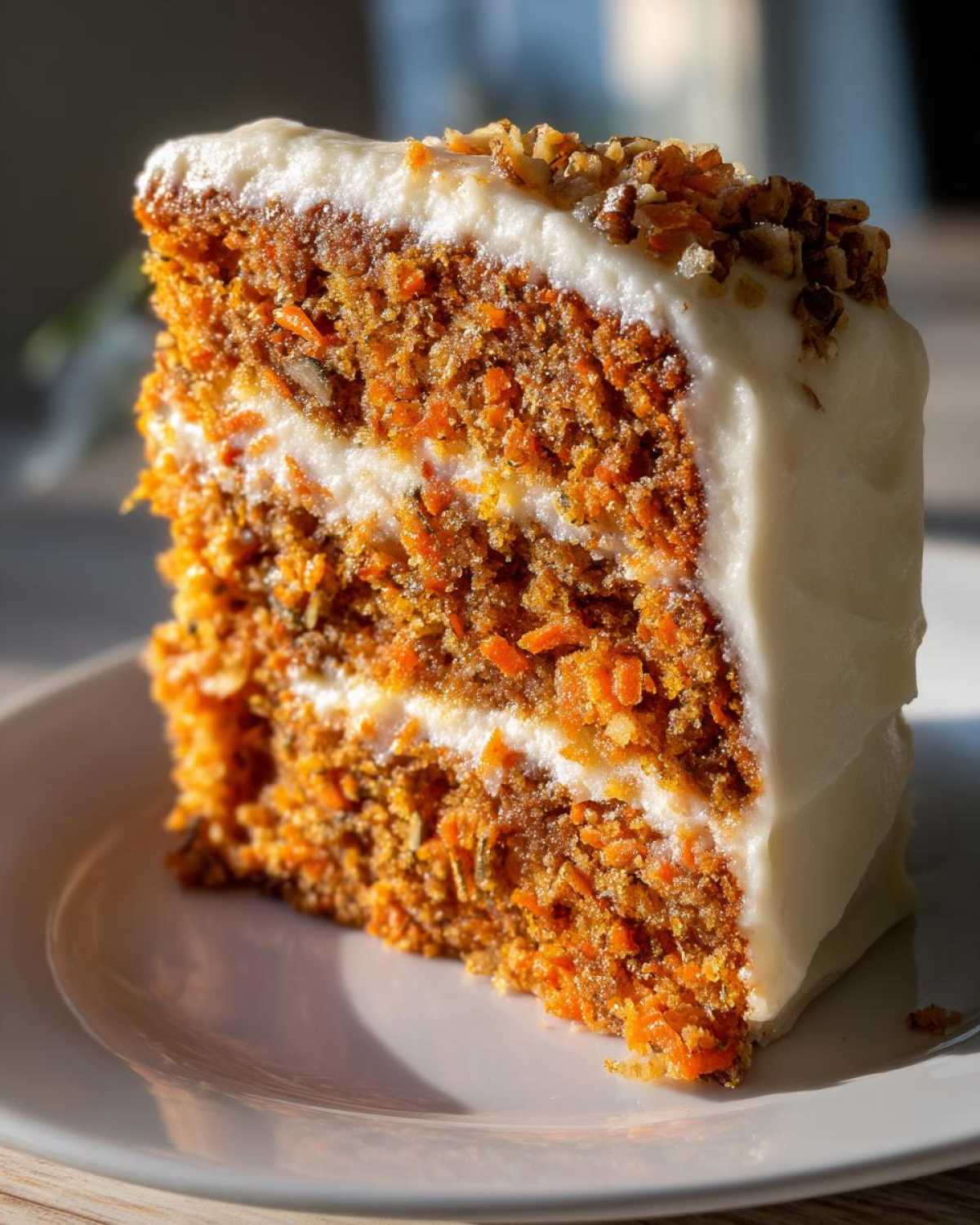 A close-up, sunlit slice of moist carrot cake recipe with visible shredded carrots, cream cheese frosting, and chopped nuts on top.