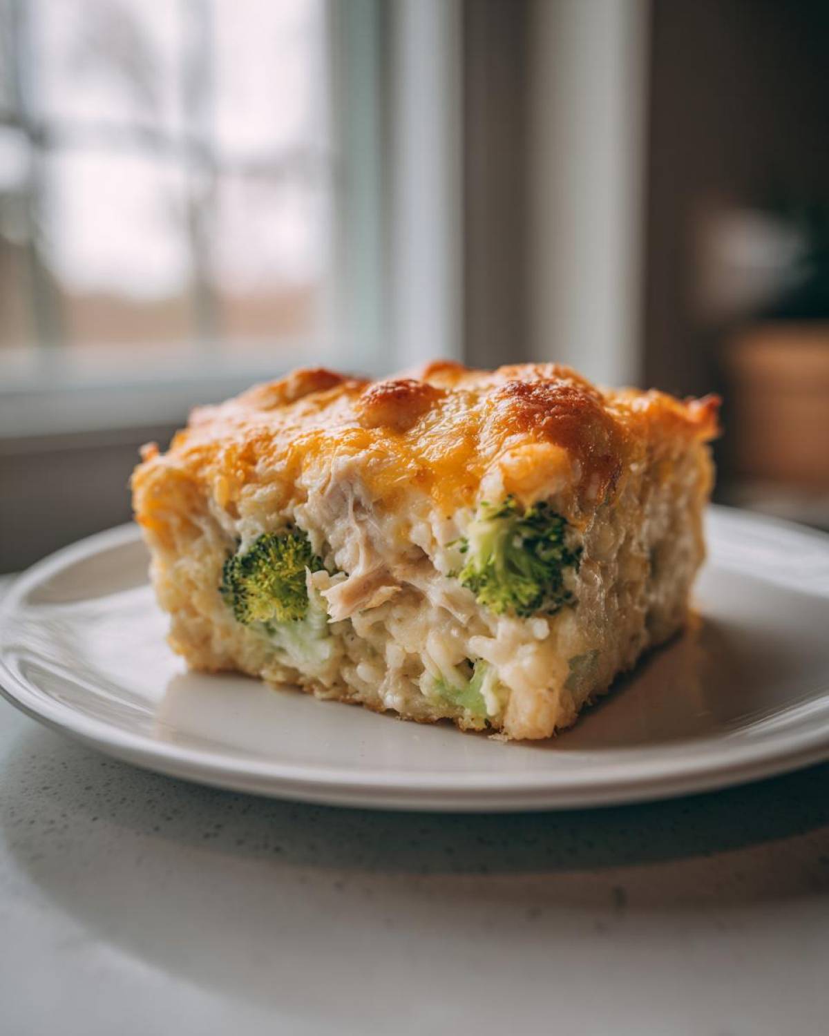 A square serving of creamy chicken broccoli rice casserole topped with golden melted cheese.