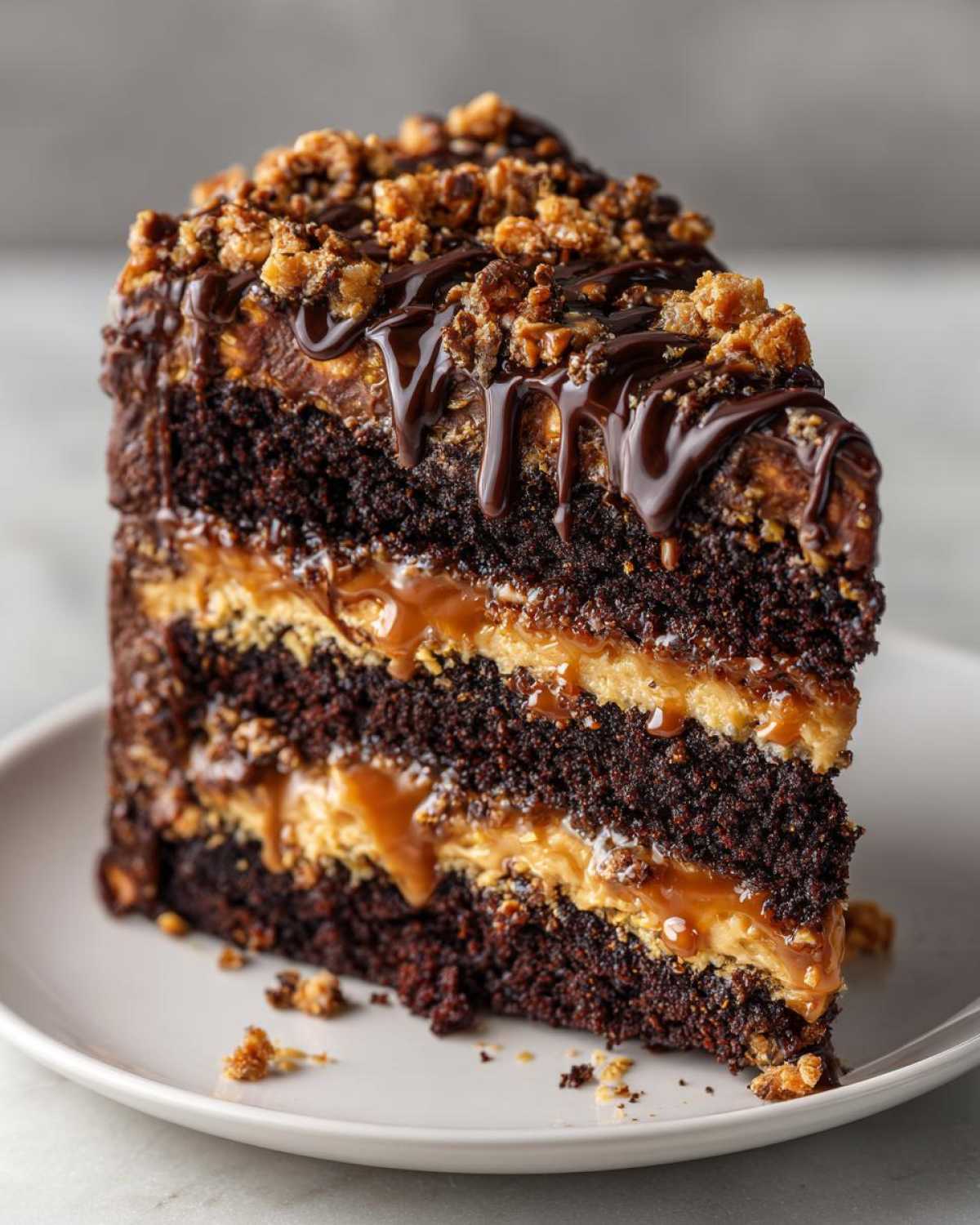 A decadent slice of chocolate caramel toffee crunch cake showing three dark layers separated by caramel filling and topped with chocolate drizzle and crunch.