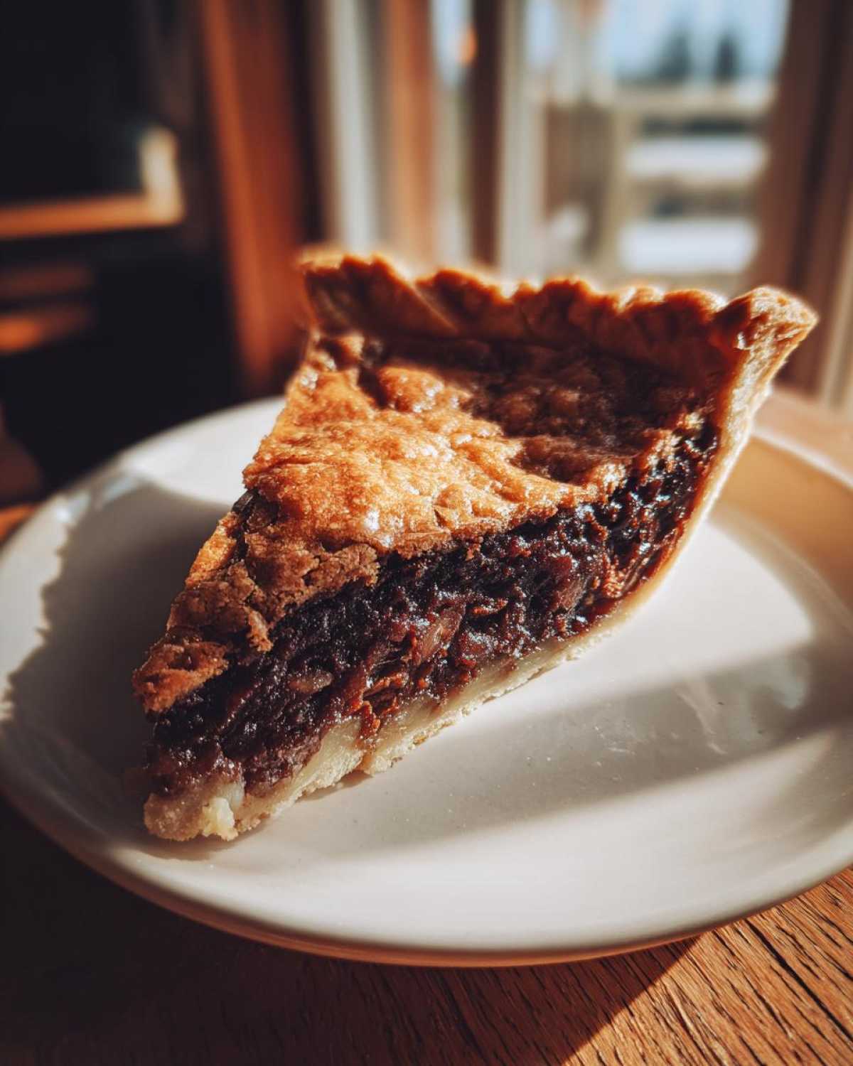A close-up of a single slice of rich chocolate chess pie on a light plate, showing the gooey filling and flaky crust.