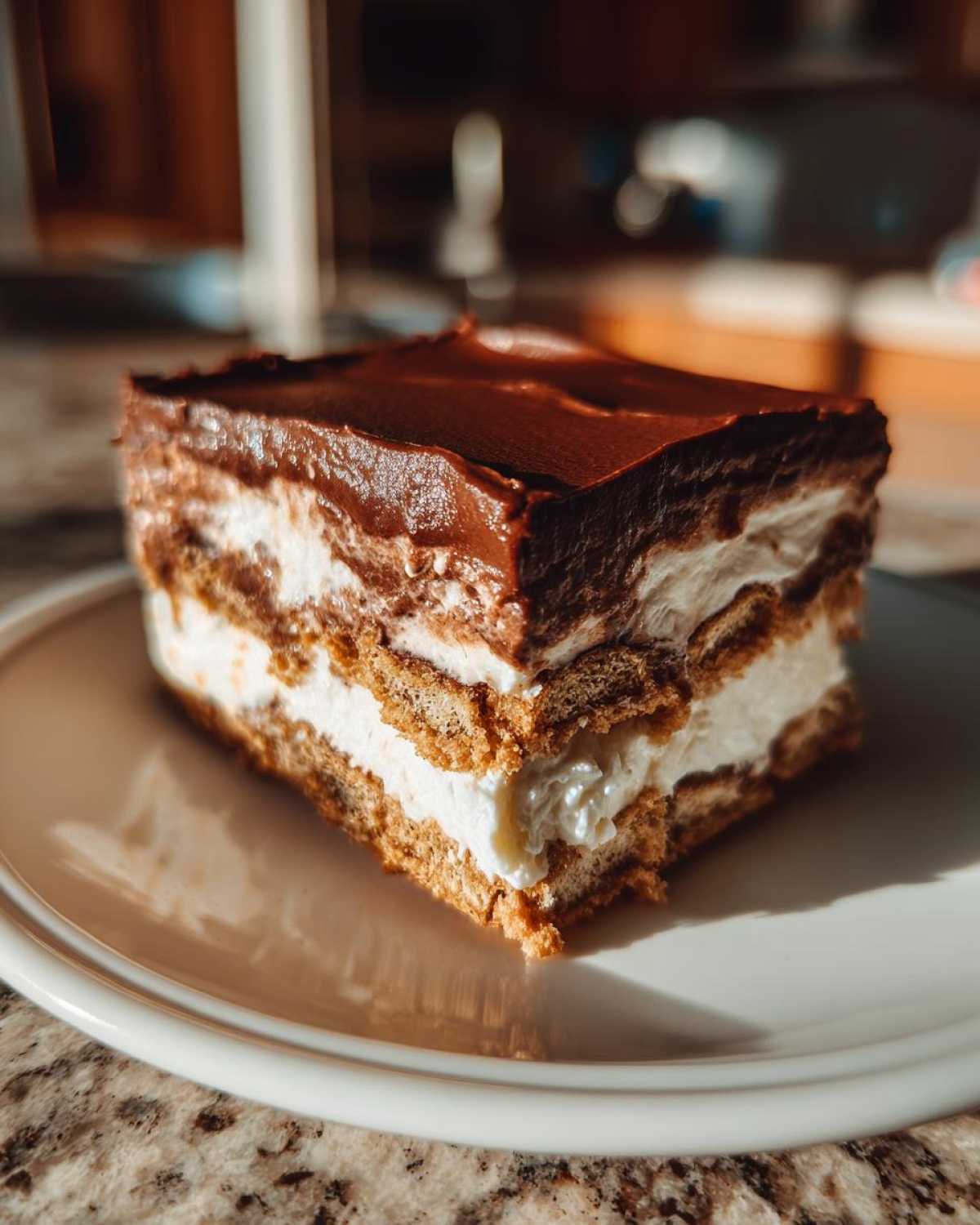 A close-up, sunlit slice of chocolate eclair cake showing layers of cream filling and chocolate frosting.