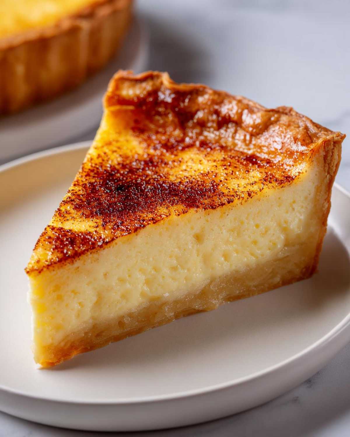 Close-up of a thick slice of creamy egg custard tart with a golden, caramelized top.