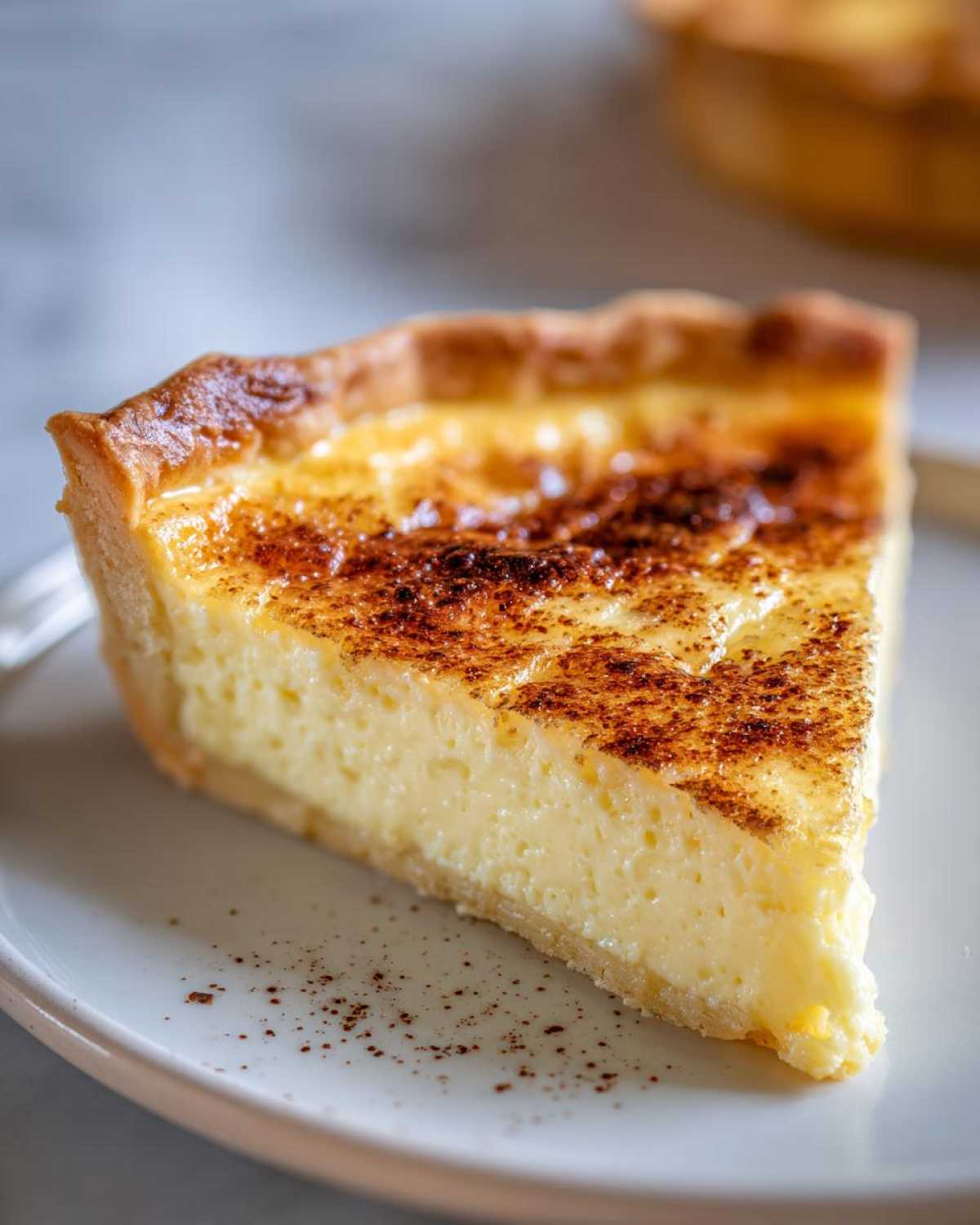 Close-up of a slice of creamy egg custard tart with a golden, caramelized top.