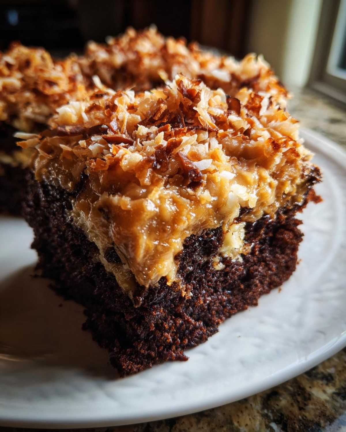 Close-up of a moist slice of german chocolate poke cake topped with gooey caramel and toasted coconut flakes.