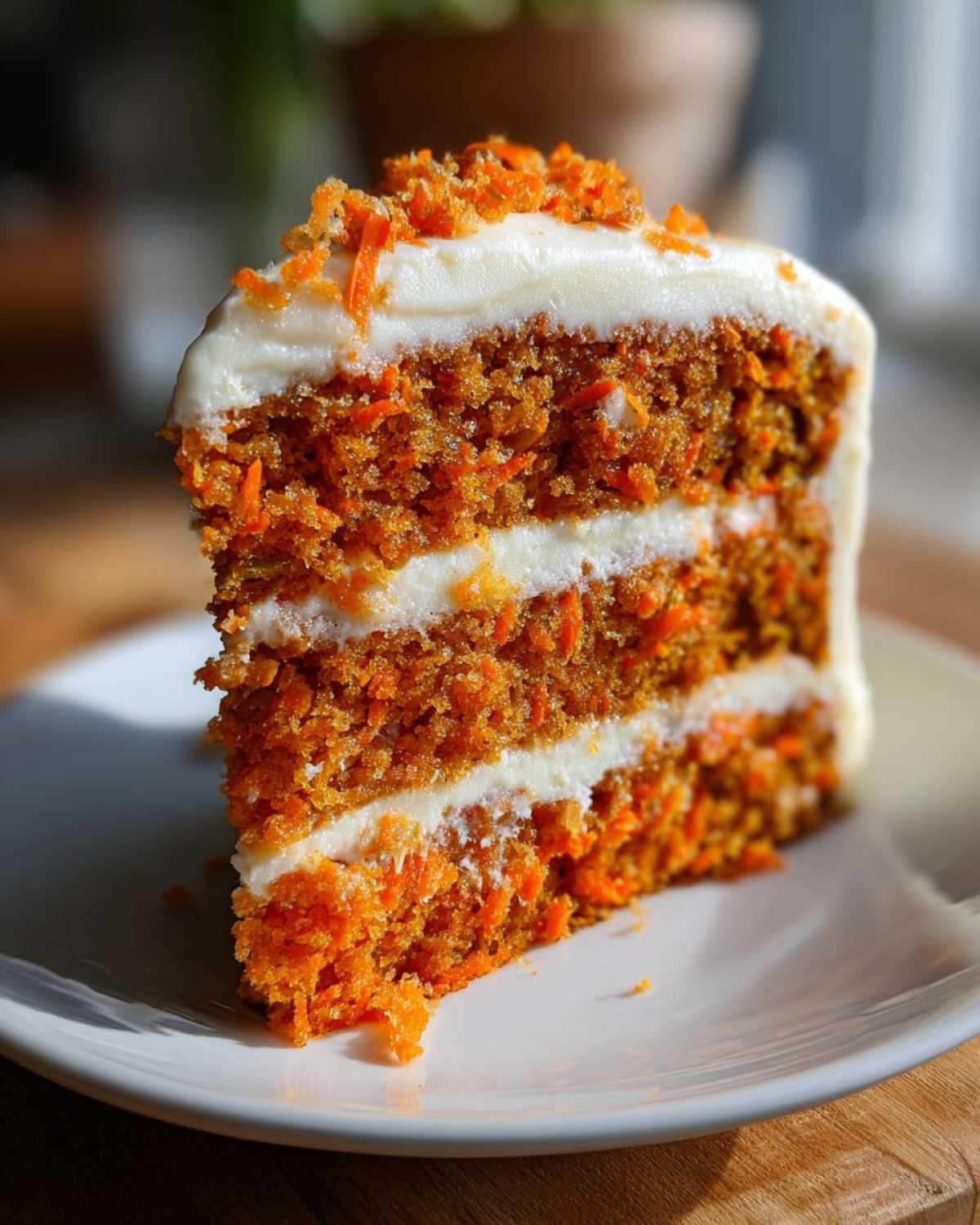 A tall, moist slice of carrot cake recipe with three layers and thick cream cheese frosting, topped with shredded carrots.