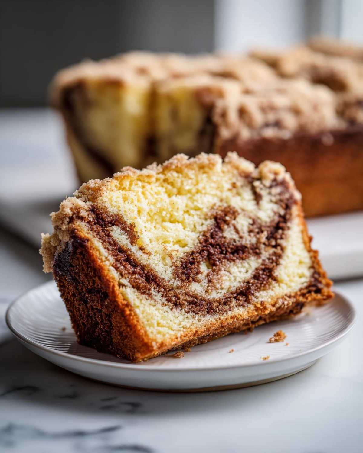 A close-up slice of marble sour cream coffee cake featuring rich chocolate swirls and a crumbly streusel topping.