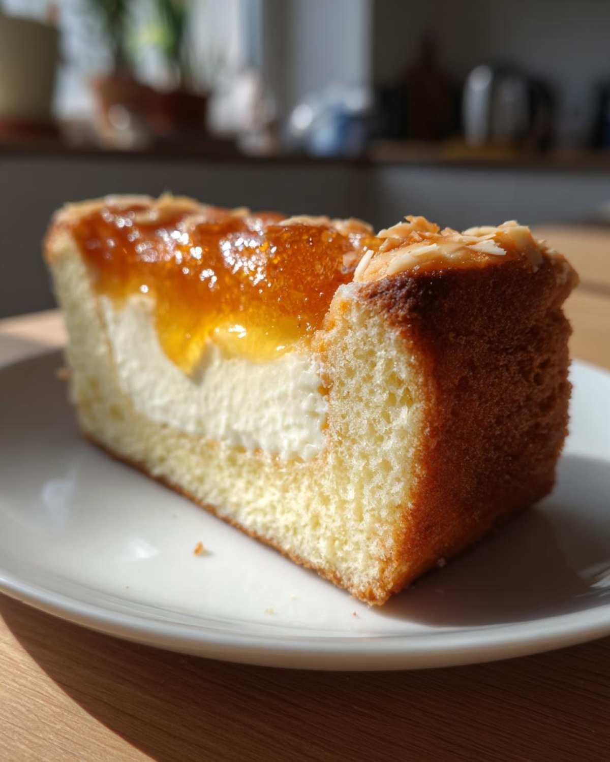 A close-up of a single slice of bee sting cake featuring sponge, cream filling, and honey-almond topping.