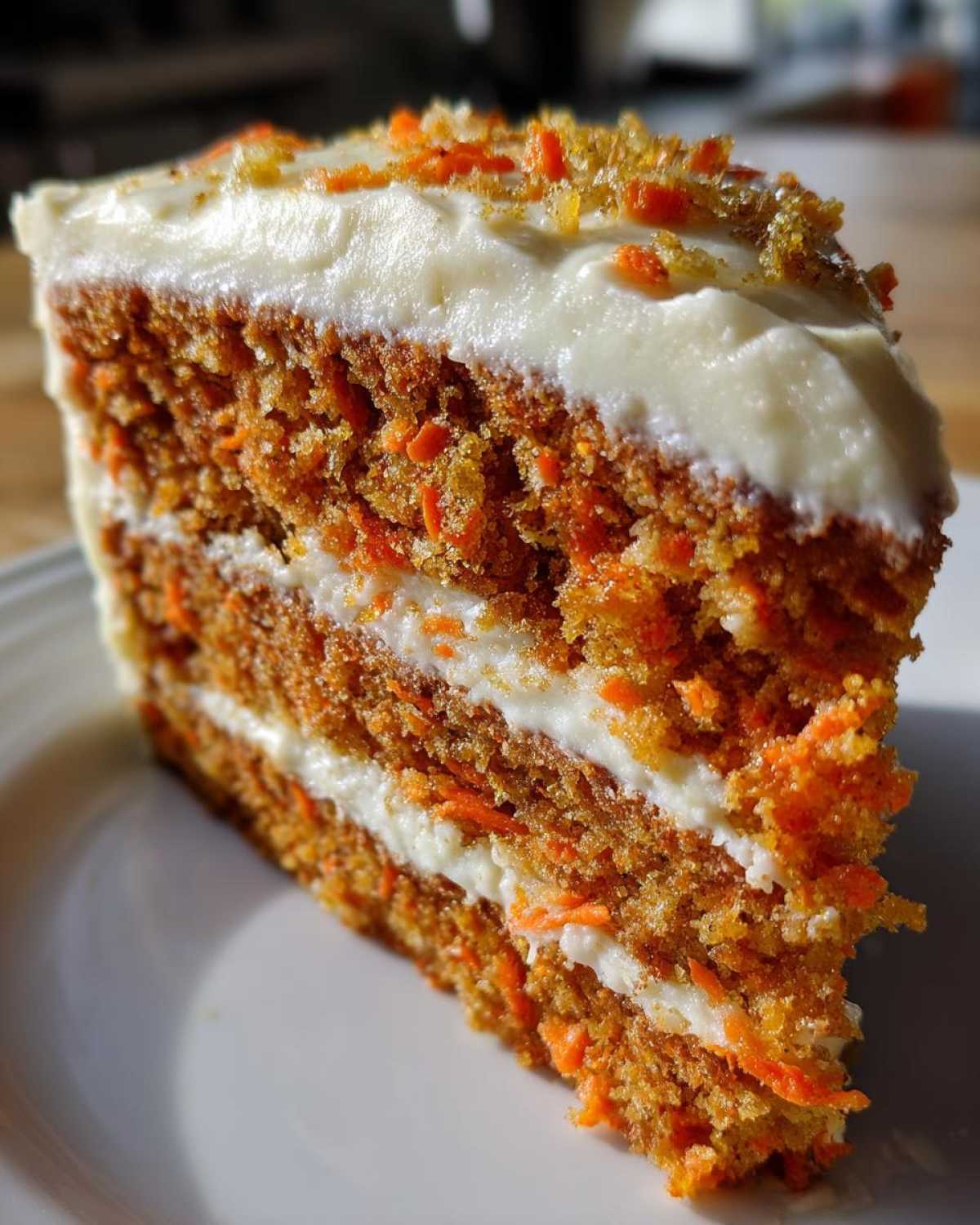Close-up of a thick slice of carrot cake recipe showing three layers of moist cake and cream cheese frosting.