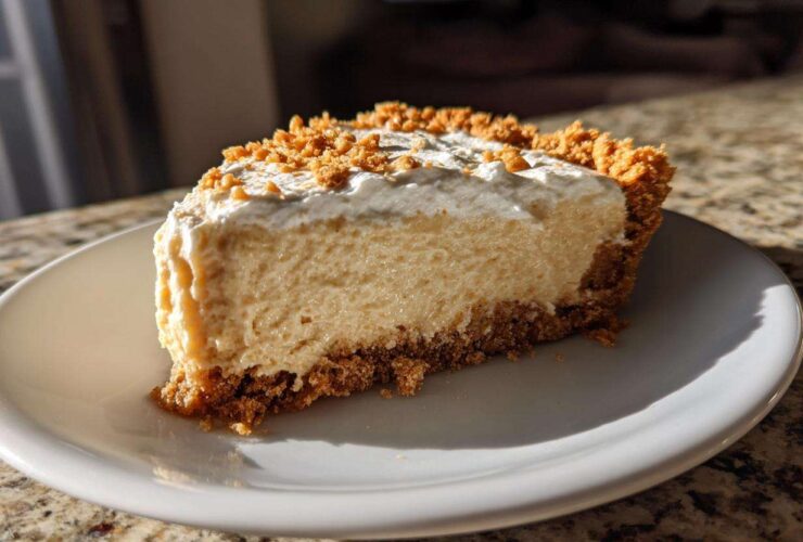 A close-up slice of creamy peanut butter pie with a graham cracker crust and whipped topping sprinkled with crumbs.