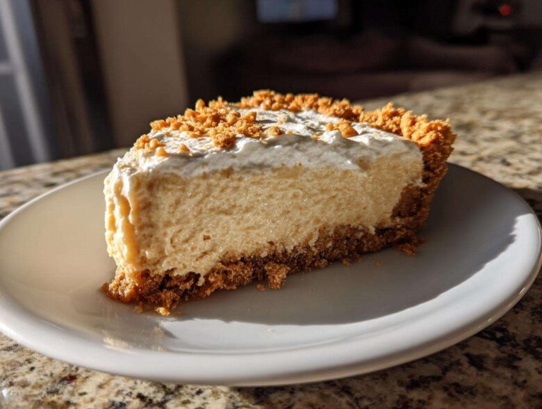 A close-up slice of creamy peanut butter pie with a graham cracker crust and whipped topping sprinkled with crumbs.