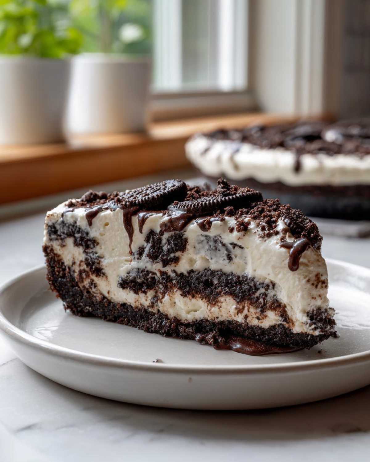 A thick slice of Oreo ice cream pie featuring layers of cream filling and chocolate cookie crust, topped with chocolate sauce and cookies.