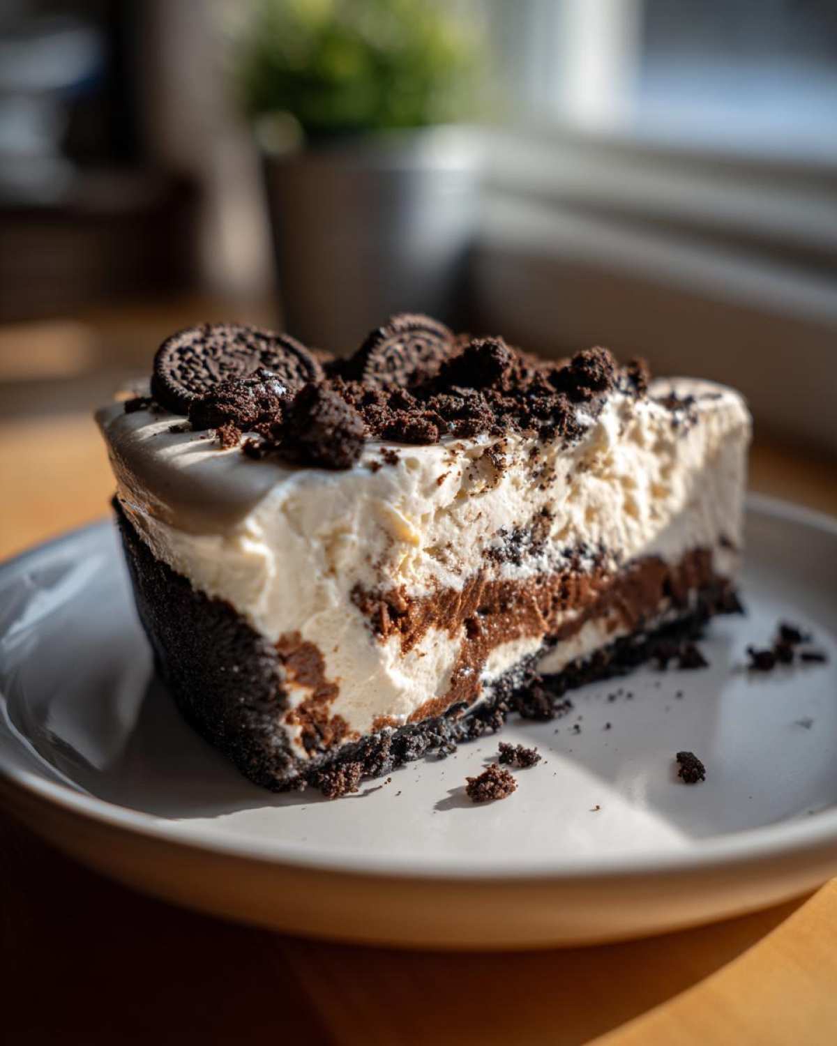 A rich slice of no-bake ice cream pie featuring layers of white ice cream, chocolate filling, and a dark cookie crust, topped with cookie crumbles.