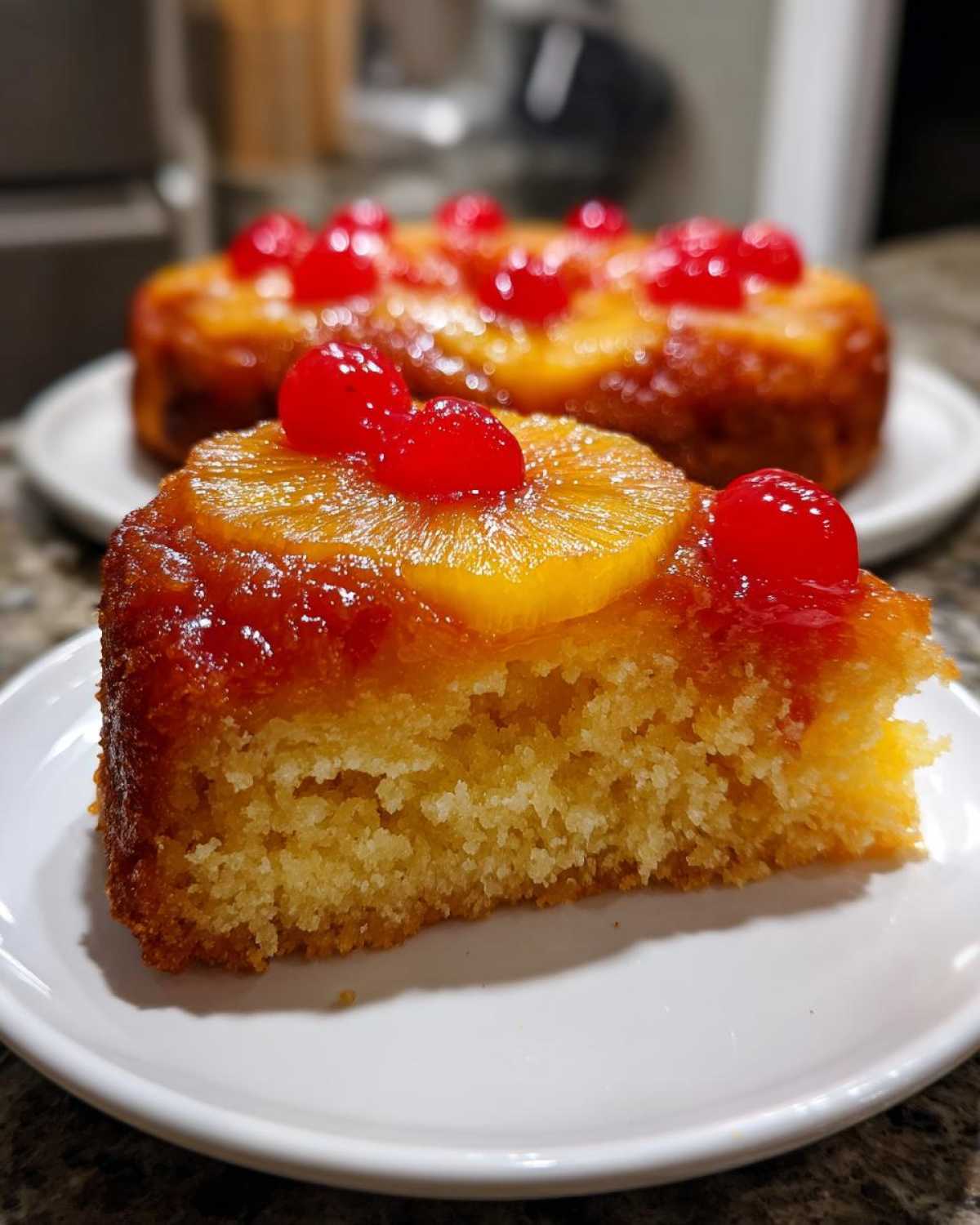 Close-up of a moist slice of pineapple upside down cake topped with caramelized pineapple and bright red maraschino cherries.