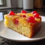 A moist slice of pineapple upside down cake topped with caramelized pineapple rings and bright red maraschino cherries.