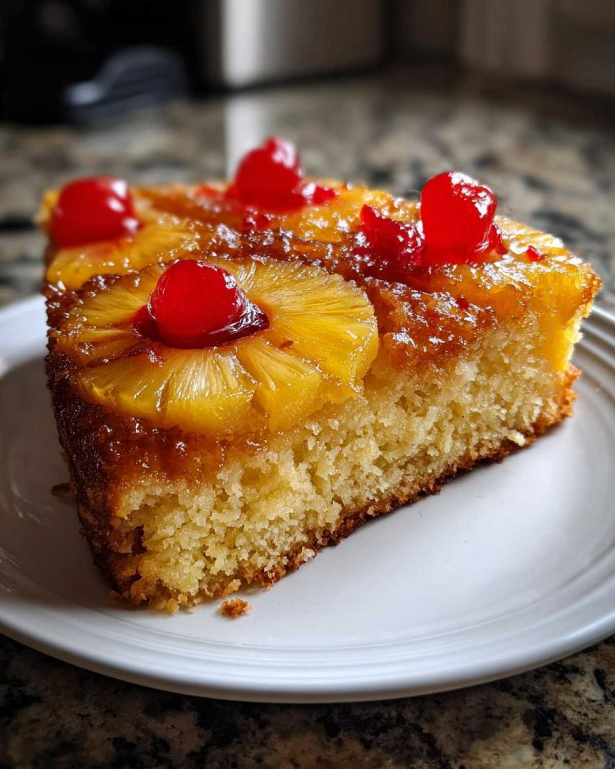 A close-up of a moist slice of pineapple upside down cake topped with caramelized pineapple rings and bright red maraschino cherries.