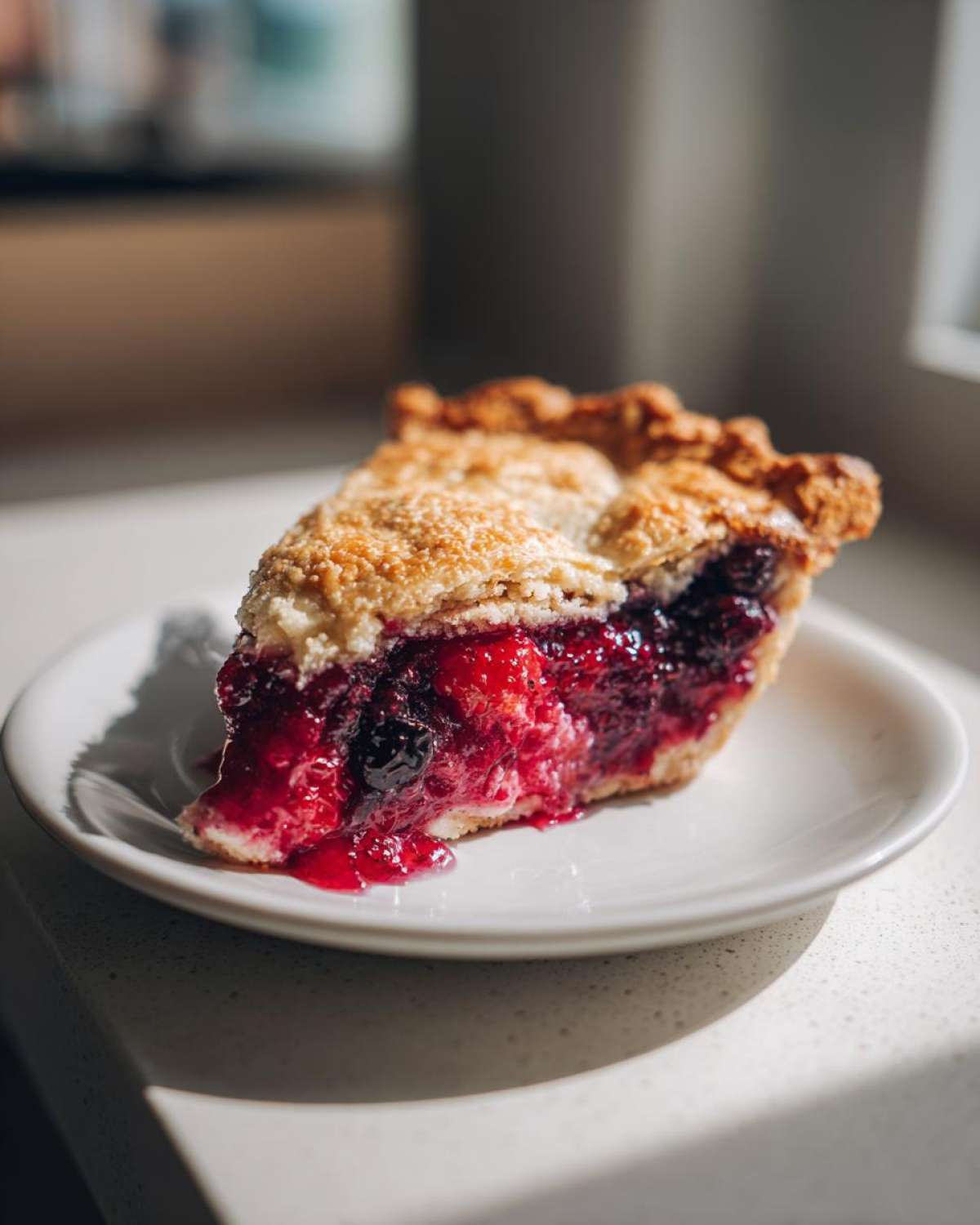 A close-up of a slice of triple berry pie showing the vibrant red filling oozing slightly onto a white plate.