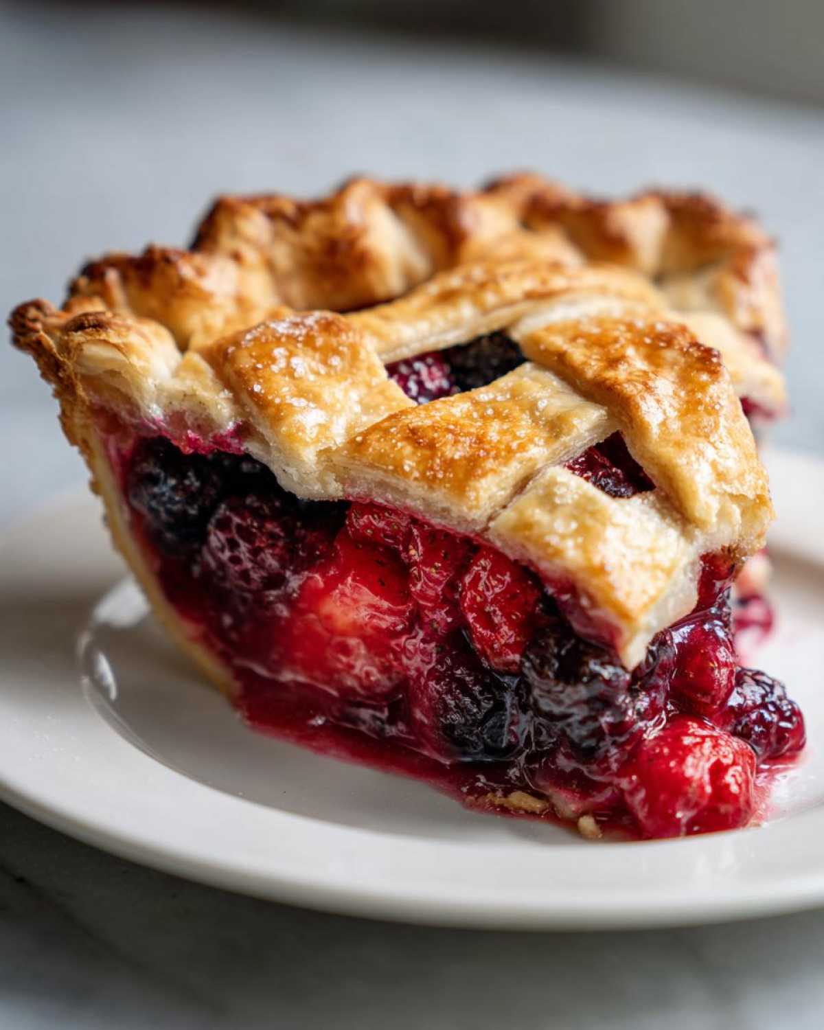 Close-up of a juicy slice of triple berry pie with a golden lattice crust, showing oozing berry filling.
