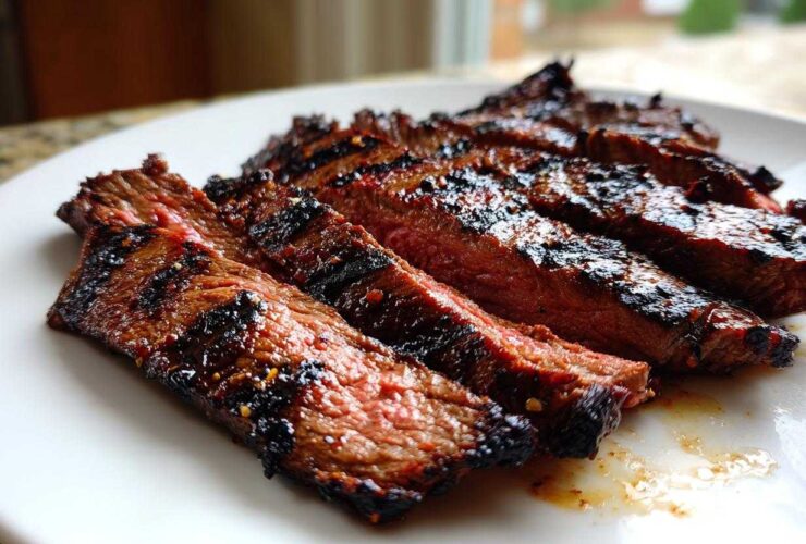 Close-up of perfectly grilled and sliced carne asada, showing a medium-rare center and dark char marks from the carne asada marinade.