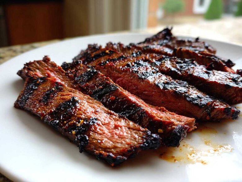 Close-up of perfectly grilled and sliced carne asada, showing a medium-rare center and dark char marks from the carne asada marinade.