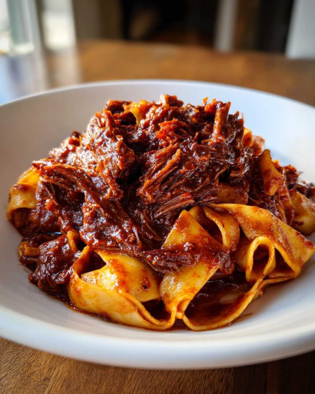 Close-up of a white bowl filled with wide pappardelle pasta generously topped with rich, shredded beef ragu.