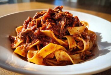 A close-up of rich, shredded beef ragu generously coating wide pappardelle pasta in a white bowl.