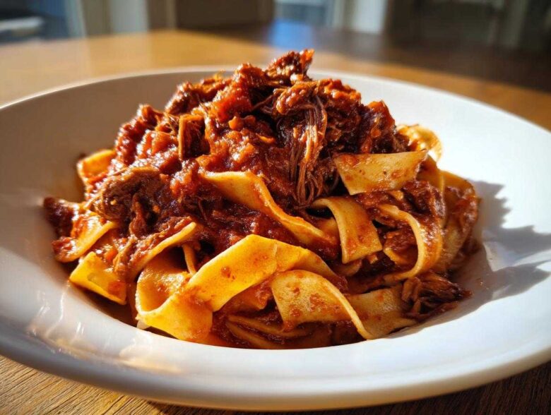 A close-up of rich, shredded beef ragu generously coating wide pappardelle pasta in a white bowl.