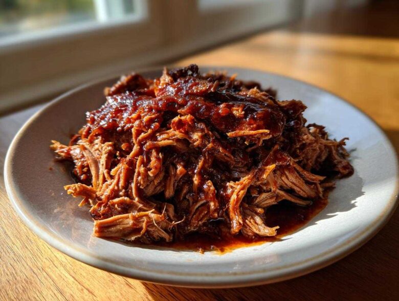 A generous serving of saucy, shredded Slow Cooker Pulled Pork piled high on a light-colored plate.