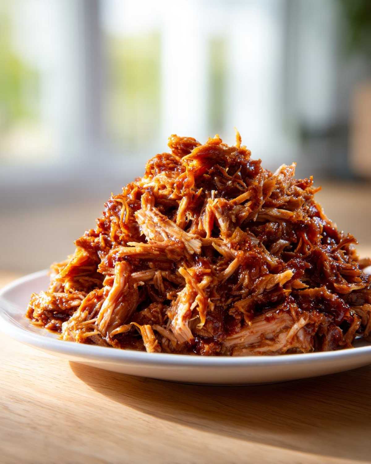 A generous mound of saucy, shredded Slow cooker pulled pork piled high on a white plate, ready to serve.