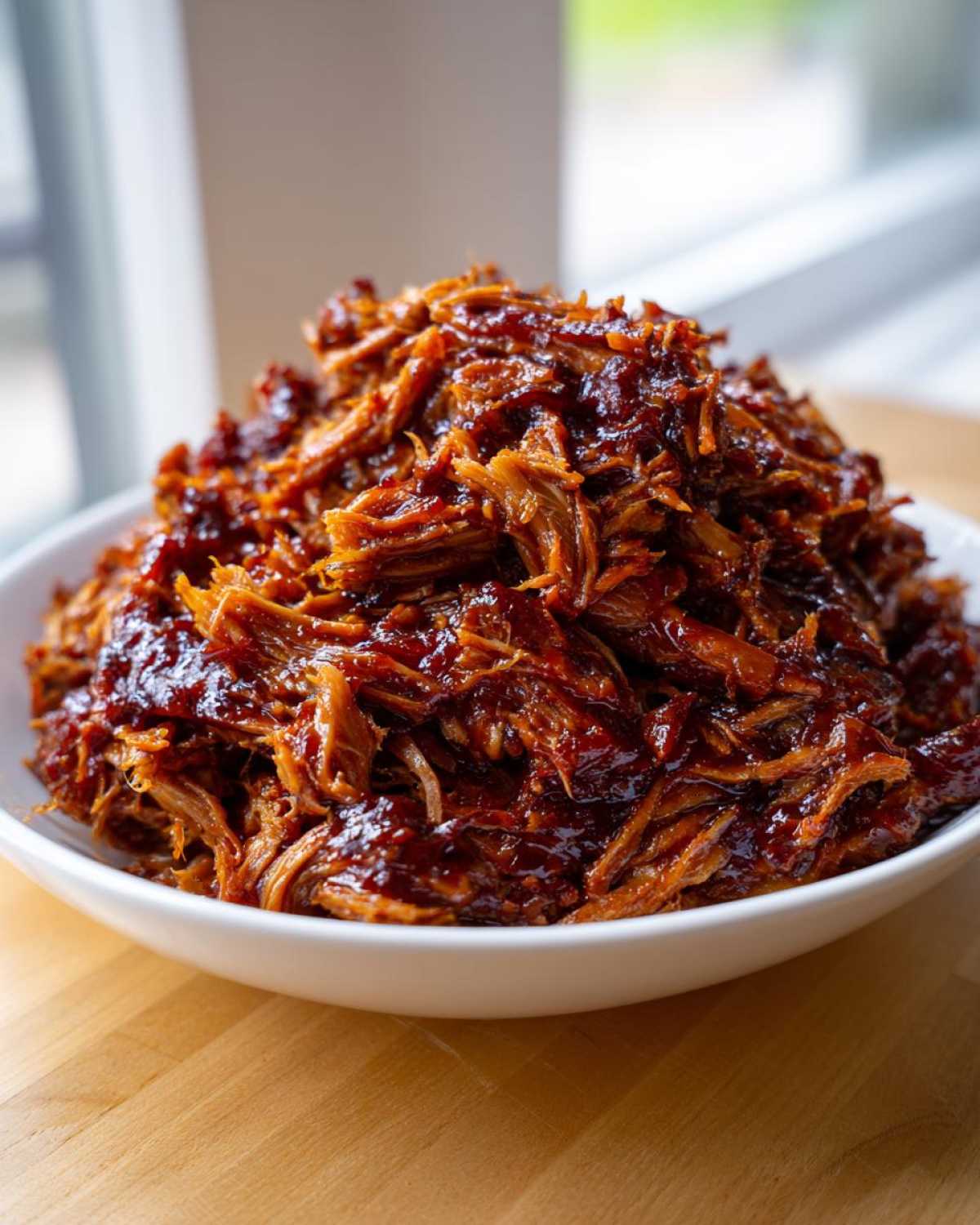 A generous mound of saucy, shredded Slow Cooker Pulled Pork piled high in a white bowl.