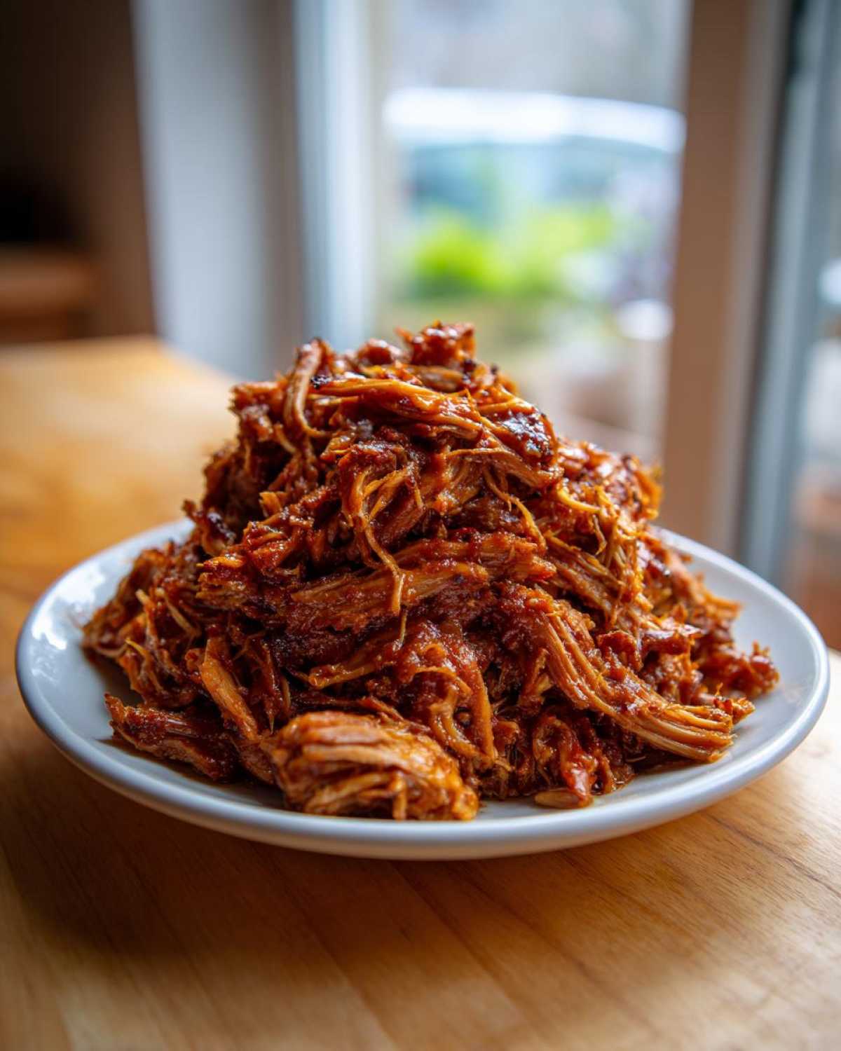 A large mound of saucy, shredded Slow Cooker Pulled Pork piled high on a white plate.