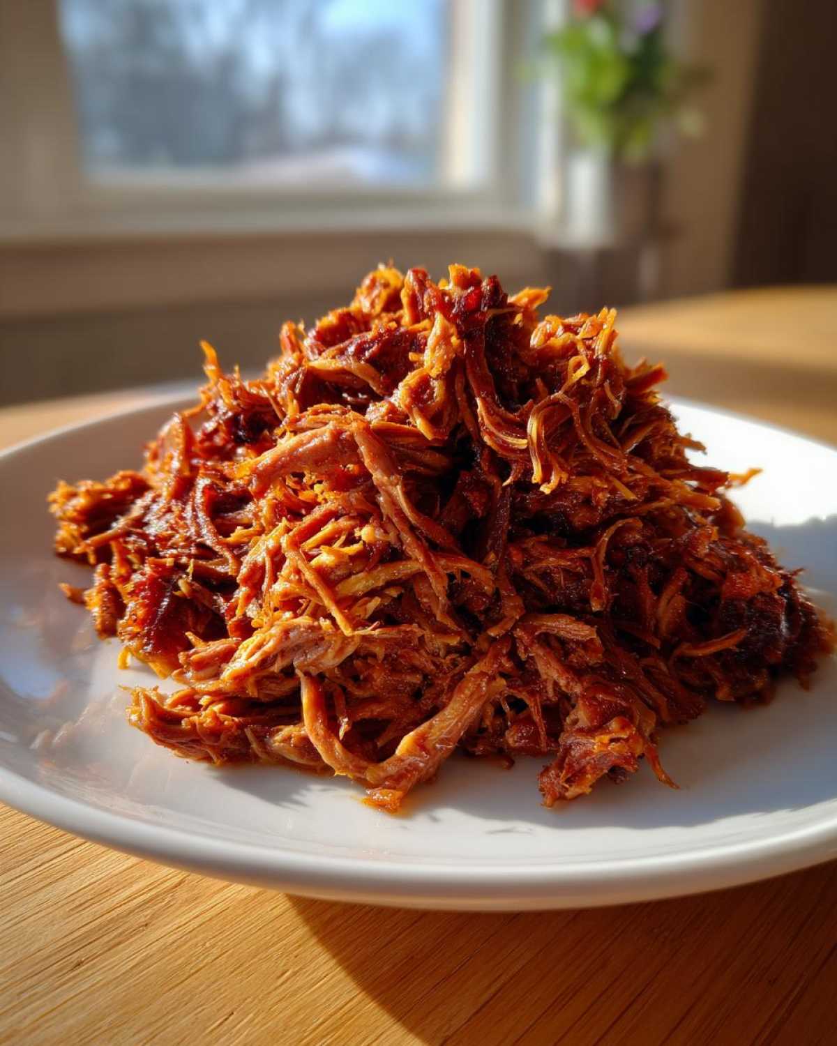 A mound of saucy, shredded Slow Cooker Pulled Pork piled high on a white plate in natural sunlight.