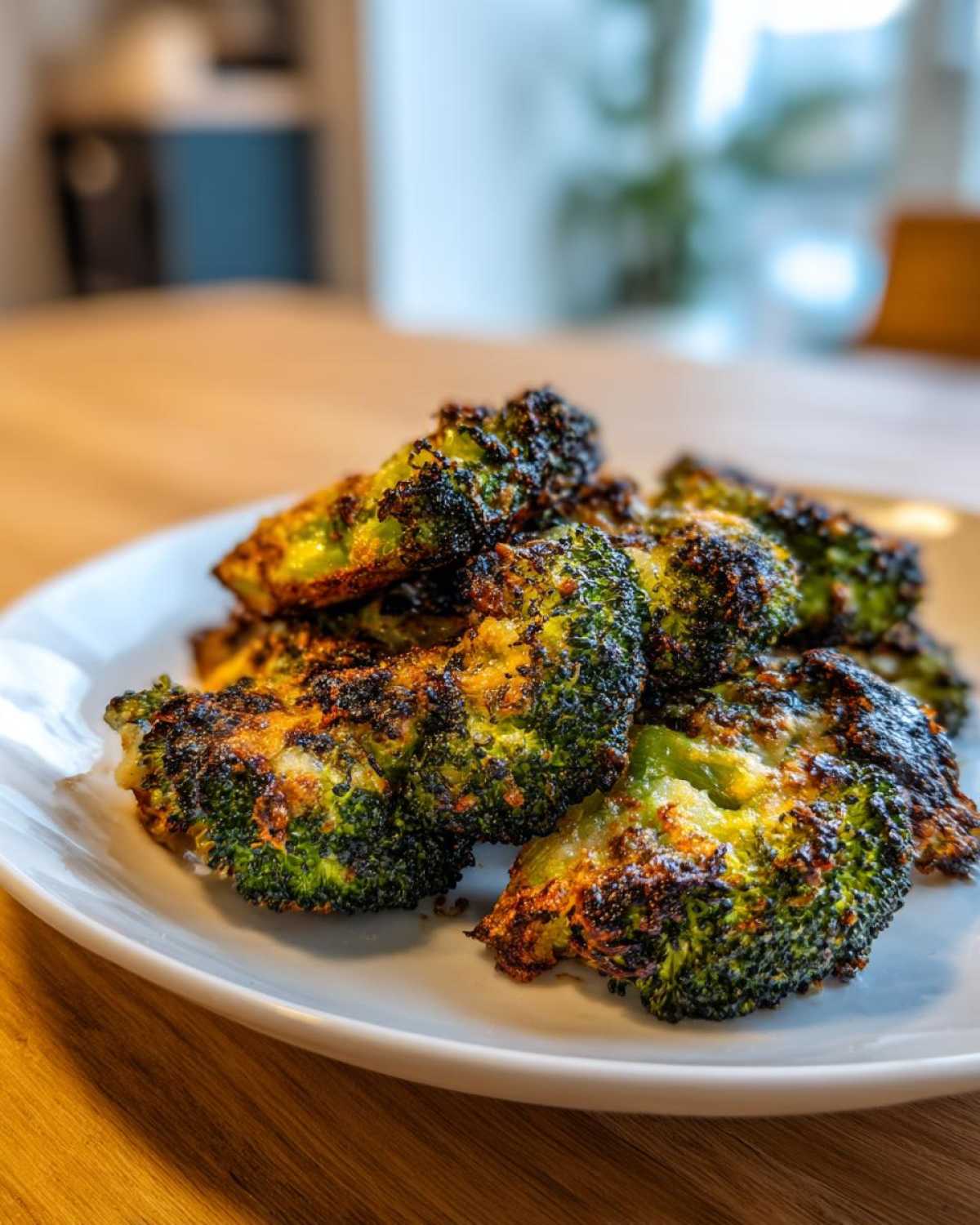 Close-up of crispy, charred smashed broccoli florets piled on a white plate, ready to eat.