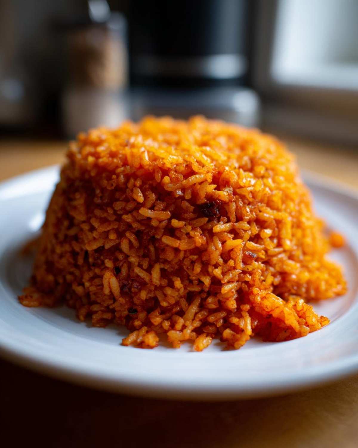 A close-up of perfectly molded, bright orange smoky Nigerian jollof rice served on a white plate.