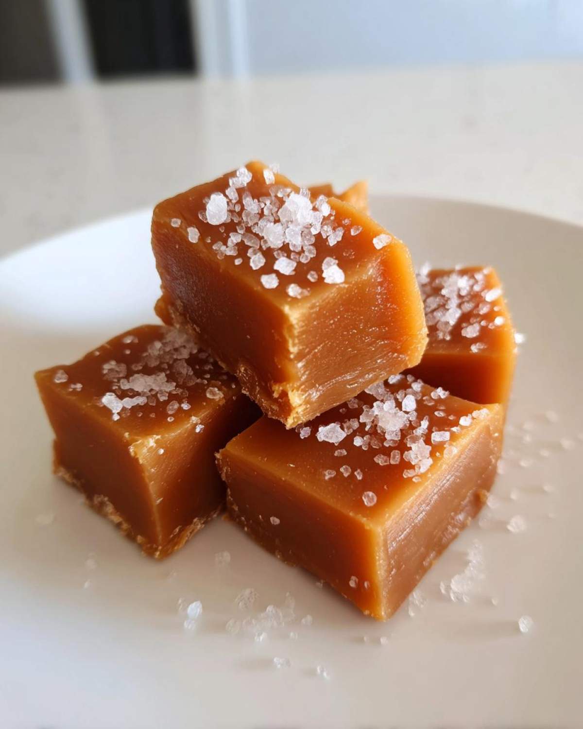 Close-up of four soft, chewy caramels stacked on a white plate, sprinkled generously with flaky sea salt.
