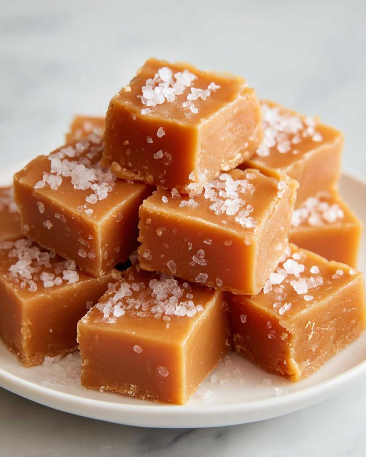 Close-up of soft, chewy caramels stacked on a white plate, topped generously with flaky sea salt.