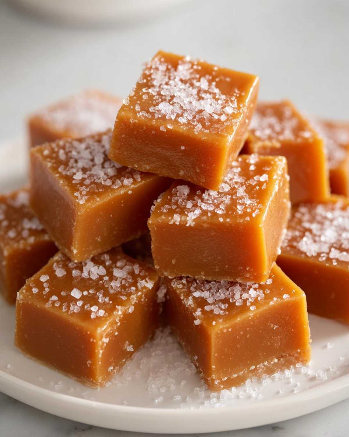 A stack of soft, chewy caramels sprinkled generously with flaky sea salt on a white plate.