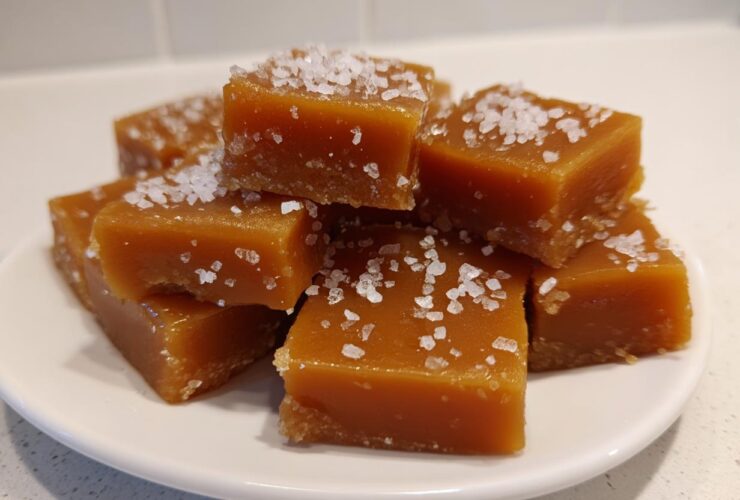 A stack of soft, chewy caramels sprinkled generously with flaky sea salt on a white plate.