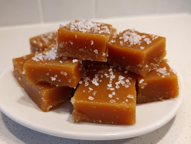A stack of soft, chewy caramels sprinkled generously with flaky sea salt on a white plate.