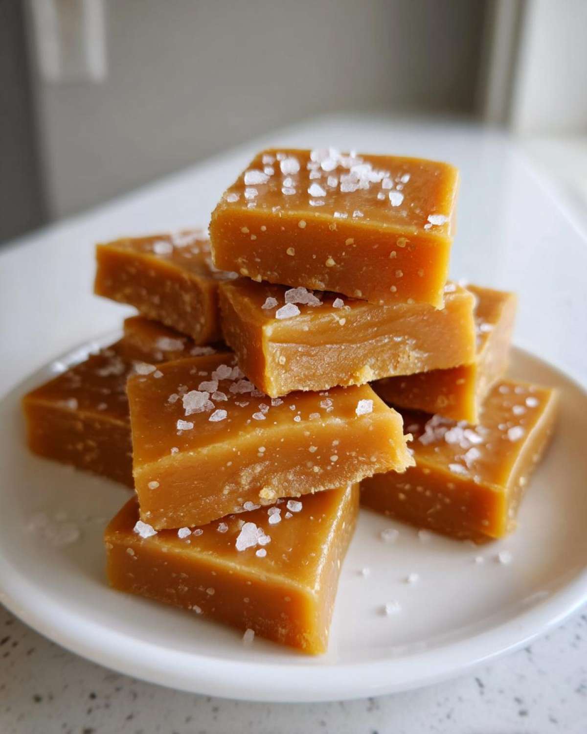 Stack of soft, chewy caramels sprinkled with flaky sea salt on a white plate.